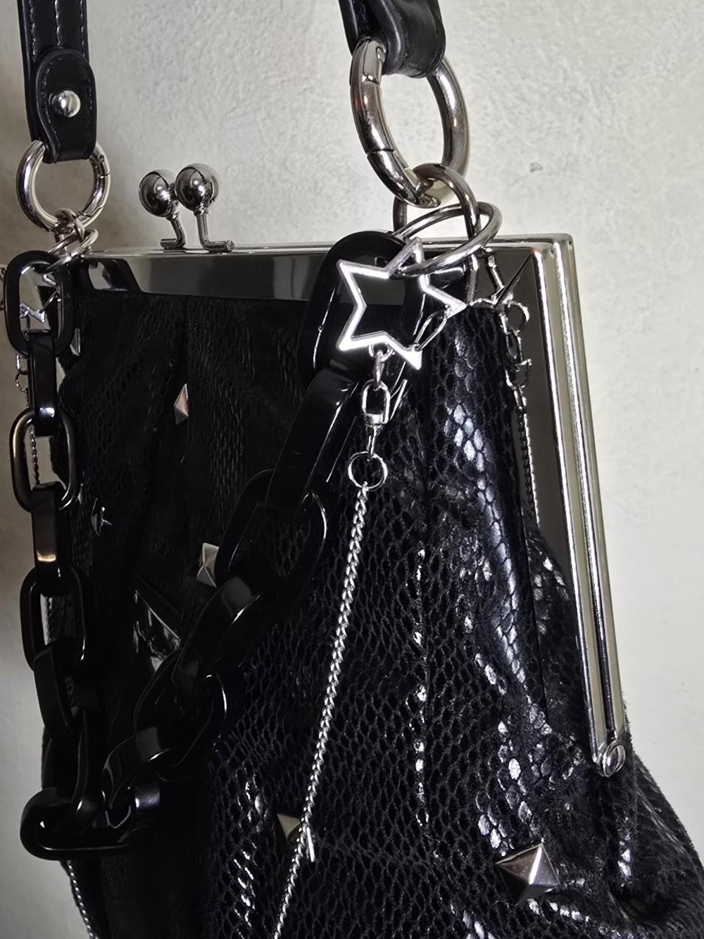 Custom Studded Kate Landry Frame Shoulder Bag Medium Black Poly Fabric Y2K - Picture 4 of 8